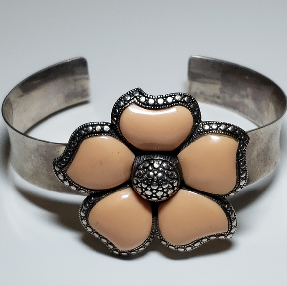 Peach Enamel Bracelet NK Sterling Silver Flower - Picture 6 of 8